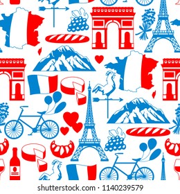 France seamless pattern. French traditional symbols and objects.