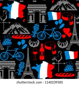 France seamless pattern. French traditional symbols and objects.
