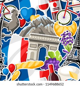 France seamless pattern. French traditional sticker symbols and objects.