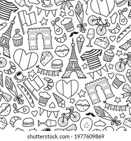 france seamless pattern with hand drawn doodles for wrapping paper, packaging, wallpaper, scrapbooking, stationary, textile prints, backgrounds, etc. EPS 10