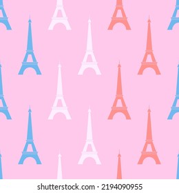 France seamless pattern. Romantic pattern with eiffel tower. Symbol France in national color. Design for print on wallpaper, packing, wrapping paper, fabric, travel brochures. Vector illustration