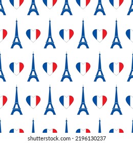 France seamless pattern. Romantic pattern with eiffel tower and heart. Symbol France in national color. Design for print on wallpaper, packing, wrapping paper, travel brochures. Vector illustration