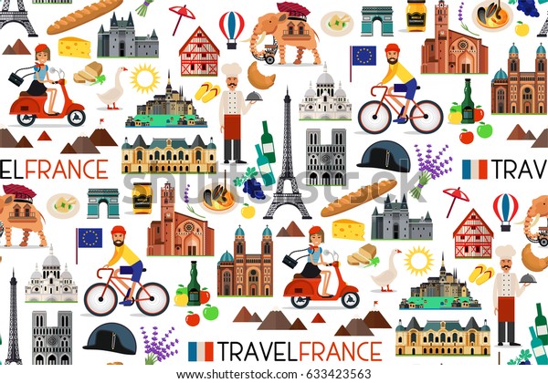 フランスのシームレスなパターン フランスの旅行アイコン ベクターイラスト のベクター画像素材 ロイヤリティフリー 633423563