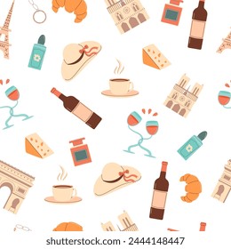 France seamless pattern. Wine, perfume and landmarks endless background. Paris travel repeat cover. Vector flat illustration.