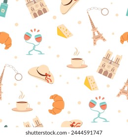 France seamless pattern. Wine, perfume and landmarks endless background. Paris travel repeat cover. Vector flat illustration.