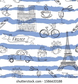 France set , eiffel tower, car perfume, flowers, lettering , fashion , travel vector  seamless pattern on white . Concept for print, textile, cards  