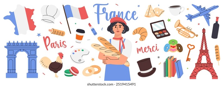 Conjunto de Francia. Elementos dibujados a mano para tarjeta de vacaciones o imprimir postal. Símbolos de viaje nacionales franceses. Ilustración vectorial.