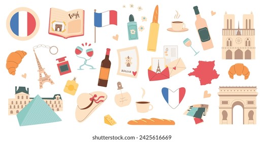 France set. Point of interest and accessories. Tourism to Paris elements isolated on white background. Landmarks and symbols of country. Vector illustration.