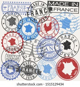 France Set of Stamps. Travel Passport Stamp. Made In Product. Design Seals Old Style Insignia. Icon Clip Art Vector.