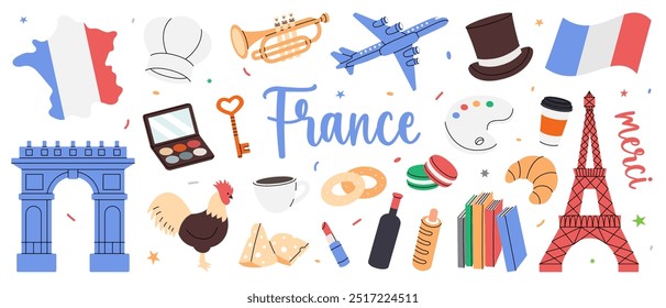 France set. Travel to France illustration. Hand drawn elements for vacation card or print postcard. French national travel symbols.