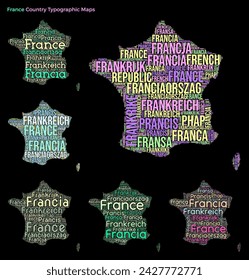 France. Set of typography style country illustrations. France map shape built of horizontal and vertical country names. Vector illustration.