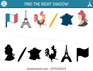 France shadow matching activity. French puzzle with Marianne, map, Eiffel Tower, rooster, baguette. Find correct silhouette printable worksheet. Funny page for kids with traditional symbols
