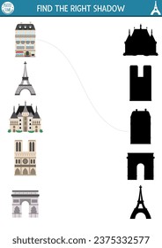 France shadow matching activity. French puzzle with Eiffel Tower, castle, Notre Dame, Triumphal arch. Find correct silhouette printable worksheet. Funny page for kids with traditional places