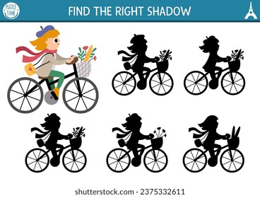 France shadow matching activity. Puzzle with girl riding a bike with basket with baguette and flowers. Find correct silhouette printable worksheet. Funny French page for kids
