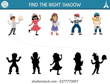 France shadow matching activity. Puzzle with French people. Find correct silhouette printable worksheet. Funny page for kids with mime, chef, man with baguette, girl with map
