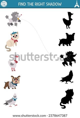France shadow matching activity. Puzzle with traditional French animals and birds. Find correct silhouette printable worksheet. Funny page for kids with poodle, bulldog, goose, pigeon 
