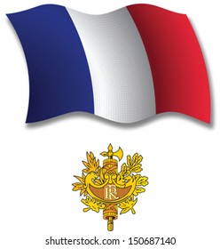 france shadowed textured wavy flag and coat of arms against white background, vector art illustration, image contains transparency transparency