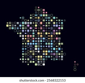 France, shape of the country build of colored cells. Digital style map of the France on dark background. Large size rounded square blocks. Plain vector illustration.