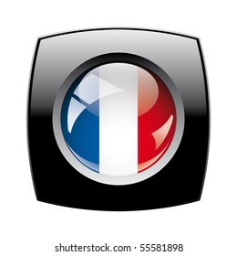 France shiny button flag with black frame -  vector illustration. Isolated abstract object against white background.