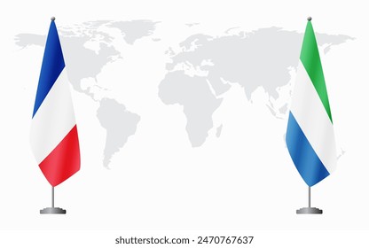 Frankreich und Sierra Leone Flaggen für offizielle Treffen vor dem Hintergrund der Weltkarte.