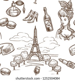 France sketch pattern background. Vector seamless design of Paris Eiffel Tower or cheese or wine and baguette or French woman hairstyle with perfume or fashion shoes