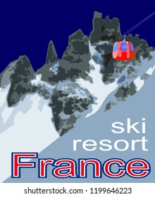 France ski resort. A vector illustration of Alps and a red ski lift. A beautiful landscape of snow mountains.