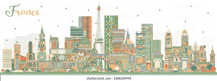 France Skyline with Color Buildings. Vector Illustration. Tourism Concept with Historic Architecture. France Cityscape with Landmarks. Toulouse. Paris. Lyon. Marseille.