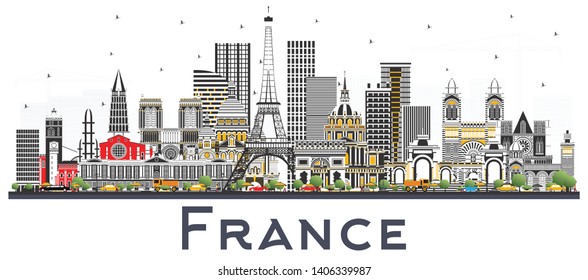 France Skyline with Gray Buildings Isolated on White. Vector Illustration. Tourism Concept with Historic Architecture. France Cityscape with Landmarks. Toulouse. Paris. Lyon. Marseille.