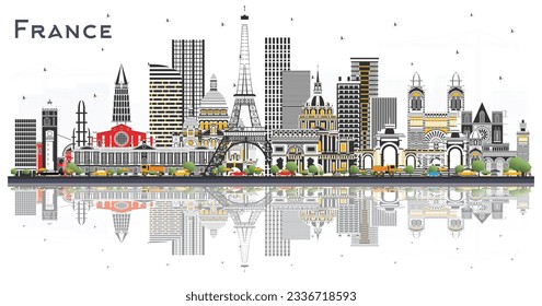 France Skyline with Gray Buildings and Reflections Isolated on White. Vector Illustration. Tourism Concept with Historic Architecture. France Cityscape with Landmarks. Toulouse. Paris. Lyon. Marseille