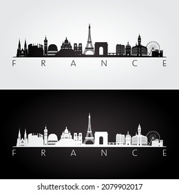 France skyline and landmarks silhouette, black and white design, vector illustration.