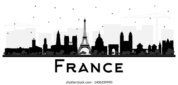 France Skyline Silhouette with Black Buildings Isolated on White. Vector Illustration. Concept with Historic Architecture. France Cityscape with Landmarks. Toulouse. Paris. Lyon. Marseille.