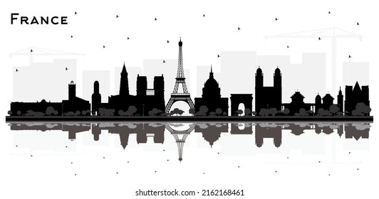 France Skyline Silhouette with Black Buildings and Reflections Isolated on White. Vector Illustration. Historic Architecture. France Cityscape with Landmarks. Toulouse. Paris. Lyon. Marseille.