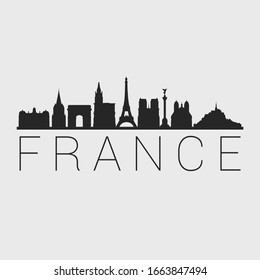 France Skyline Silhouette City. Design Vector. Famous Monuments Tourism Travel. Buildings Tour Landmark.