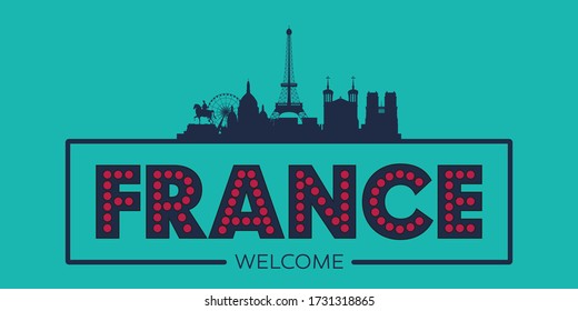 France skyline silhouette flat design typographic vector illustration.