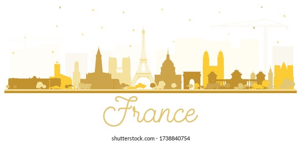 France Skyline Silhouette with Golden Buildings Isolated on White. Vector Illustration. Concept with Historic Architecture. France Cityscape with Landmarks. Toulouse. Paris. Lyon. Marseille.