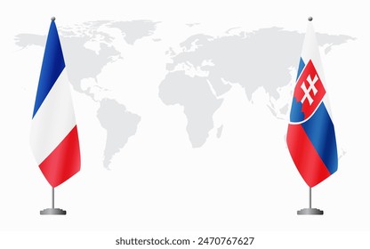 Banderas de Francia y Eslovaquia para reunión oficial contra fondo de mapa mundial.