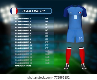 France soccer jersey kit with team line up board on soccer stadium and crowd fan with spot light backdrop on night time. Concept for Europe football result background in vector illustrative