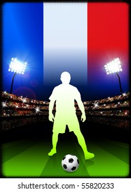 France Soccer Player on Stadium Background with Flag Original Illustration
