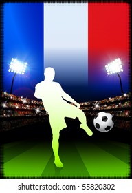France Soccer Player on Stadium Background with Flag Original Illustration