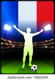 France Soccer Player on Stadium Background with Flag Original Illustration