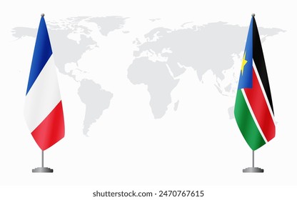 France and South Sudan flags for official meeting against background of world map.