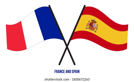 France and Spain Flags Crossed And Waving Flat Style. Official Proportion. Correct Colors.