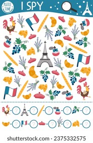 France I spy game for kids. Searching and counting activity with traditional symbols. French printable worksheet for preschool children. Simple spotting puzzle with Eiffel Tower, baguette, beret
