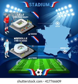 France stadium infographic Stade de Lille and Marseille.Soccer Building Stadium Players Athletes.Vector France. EURO Championship Football Game.Soccer International Match Illustration.