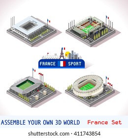 France Stadium Soccer Icon. Flat 3D Vector City urban Map Isometric Infographic android video Game Tile. Isometric Soccer stadium Building Football Set pack. Football France Collection