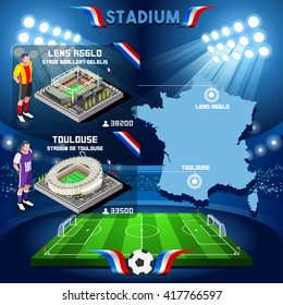 France stadium Stade de Lens Agglo Boallert Delelis Stadium de Toulouse. Soccer Building Stadium Players Athletes.Vector France. EURO Championship Football Game. International Match Illustration.