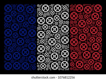 France State Flag composition organized of clock gear elements. Vector clock gear elements are united into geometric France flag illustration on a black background.