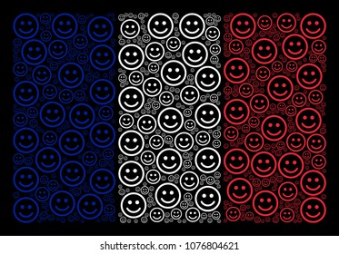 France State Flag concept organized of glad smiley elements. Vector glad smiley items are composed into geometric French flag collage on a black background.