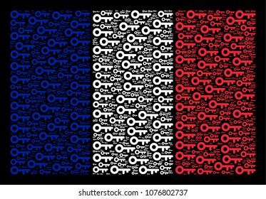 France State Flag mosaic combined of key pictograms. Vector key objects are united into geometric French flag composition on a black background.