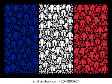 France State Flag mosaic composed of opium poppy elements. Vector opium poppy objects are composed into geometric France flag pattern on a black background.